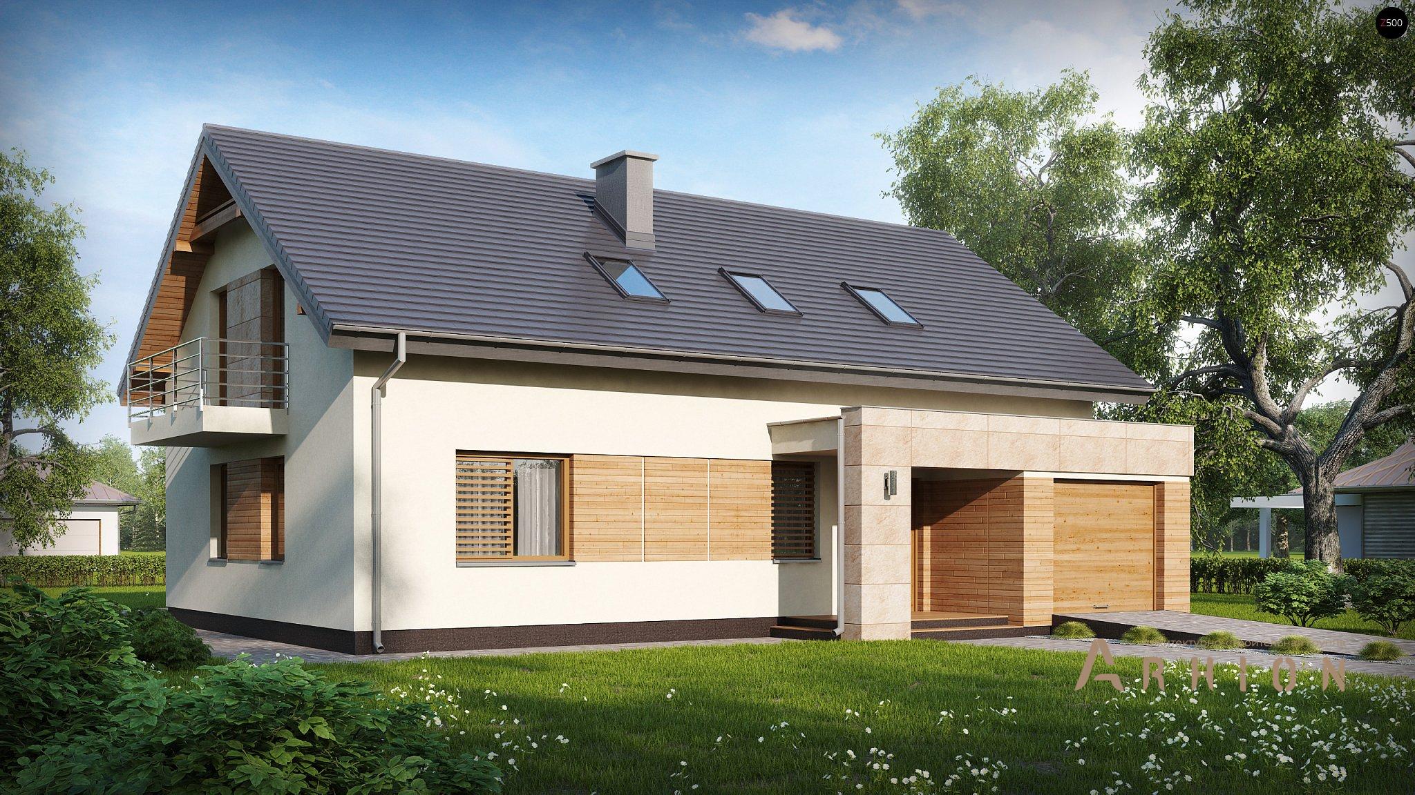 1. Проект одноэтажного дома в канадском стиле с двускатной кровлей, Zx38 v1, площадью - 187 кв c мансардой, терассой, балконом, гаражом